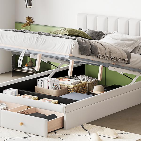 Full Size Upholstered Bed with Hydraulic Storage System and Drawer, White