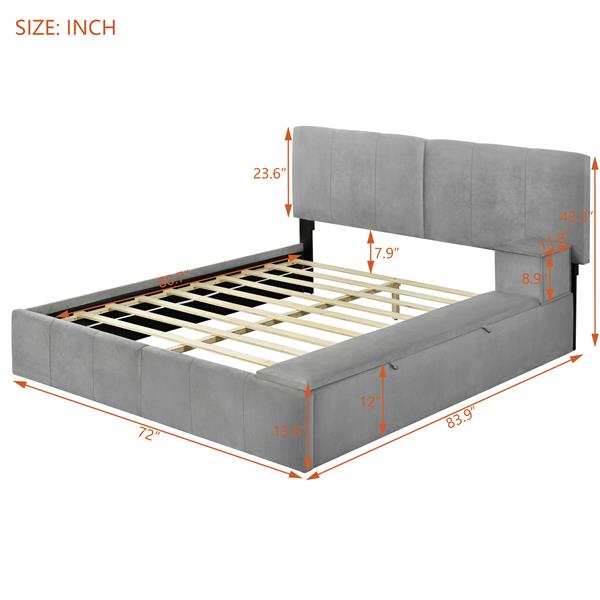 Queen Size Upholstered Platform Bed with Lateral Storage Compartments and Thick Fabric, Velvet, Gray