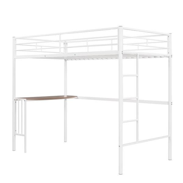 Twin Metal Loft Bed with Desk, Ladder and Guardrails, Loft Bed for Bedroom, White