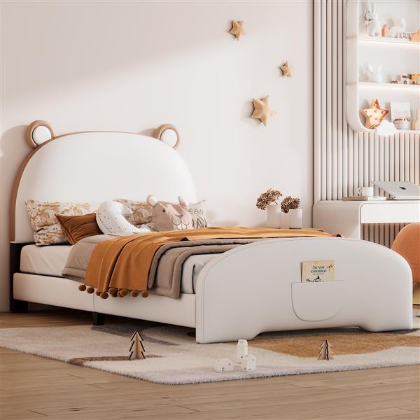 Twin Size Upholstered Platform Bed with Bear-shaped Headboard and Footboard,White+Brown