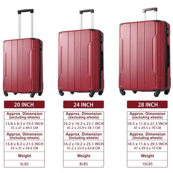 Luggage Sets 3 Piece, Expandable Hard shell ABS Suitcases with Double Spinner, Travel luggage Set with TSA Lock (20/24/28inch, Red)