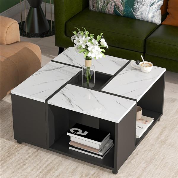 Modern 2-layer Coffee Table with Casters, Square Cocktail Table with Removable Tray, UV High-gloss Marble Design Center Table for Living Room, 31.4''x 31.4''