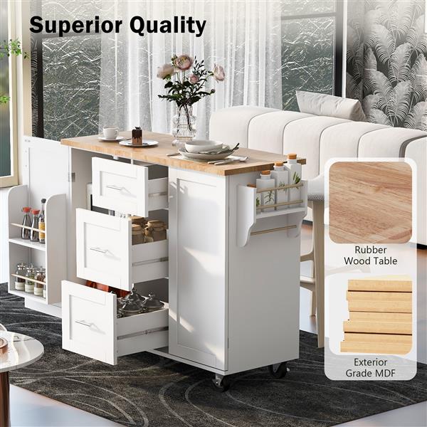 Rolling Kitchen Island with Storage, Kitchen Cart with Rubber Wood Top, 3 Drawer, 2 Slide-Out Shelf and Internal Storage Rack, Kitchen Island on Wheels with Spice Rack & Tower Rack, White