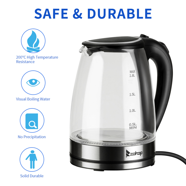 【Old Code：93541003】 ZOKOP HD-1857-A 110V 1200W 1.8L Electric Glass Kettle US Plug