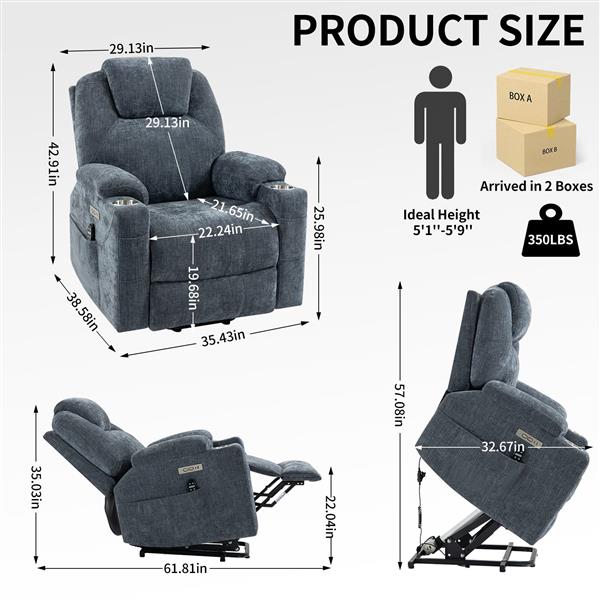 Up to 350 LBS Chenille Power Lift Recliner Chair, Heavy Duty Motion Mechanism with 8-Point Vibration Massage and Lumbar Heating, USB and Type-C Ports, Stainless Steel Cup Holders, Blue