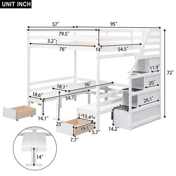 Full over Full Size Bunk with staircase,the Down Bed can be Convertible to Seats and Table Set,White