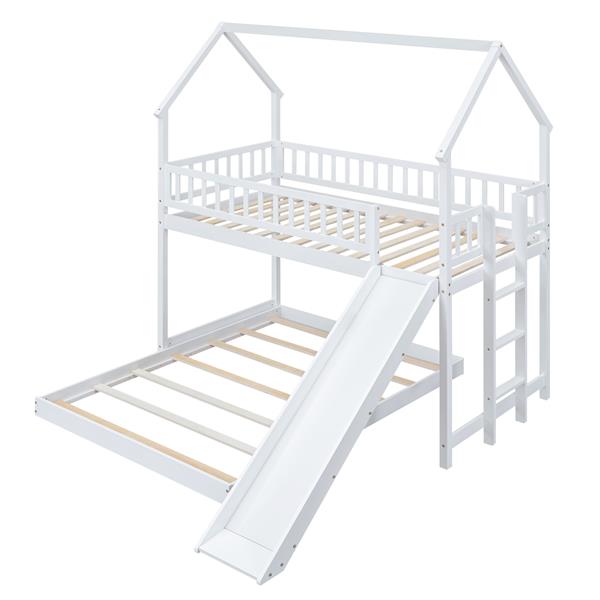 Twin over Full House Bunk Bed with Slide and Built-in Ladder, Full-Length Guardrail, White