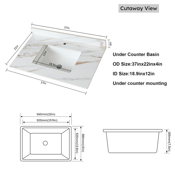 37 Inch Marble Vanity Top, Bathroom Vanity Top with Undermount Rectangular Middle Sink and 4" Height Backsplash, Pre-Drilled Faucet Hole Vanity Top, Single Hole