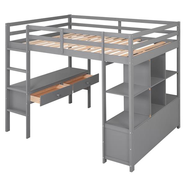 Full Size Loft Bed with Built-in Desk with Two Drawers, and Storage Shelves and Drawers,Gray