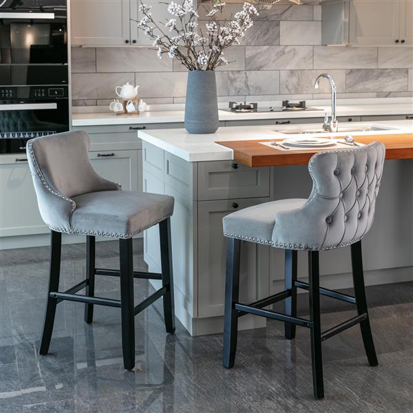 Contemporary Velvet Upholstered Wing-Back Barstools with Button Tufted Decoration and Wooden Legs, and Chrome Nailhead Trim, Leisure Style Bar Chairs,Bar stools, Set of 4 (Gray), SW1824GY x 2 cartons