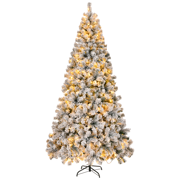 8 FT Pre-lit Snow Flocked Christmas Tree, Artificial Hinged Xmas Pine Tree with 1300 Branch Tips, 500 Lights and Remote Control for Holiday Party Office Home, Snowy Green