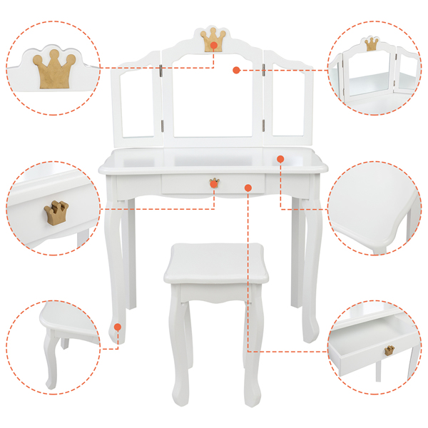 Children's Wooden Dressing Table Three-Sided Folding Mirror Dressing Table Chair Single Drawer White Crown Style