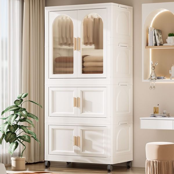 25.59" Side Wide Folding Wardrobe , 25.59"×15.75"×57.09", with Magnetic Door, Plastic Storage Cabinet with Wheels( one layer of wardrobe + two layers of folding boxes+10 hangers ) 