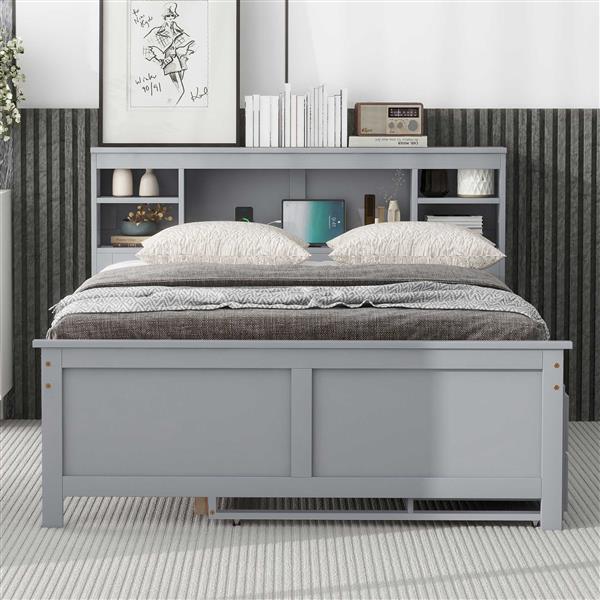 Full Size Platform Bed with Storage Headboard, USB, Twin Size Trundle and 3 Drawers, Gray