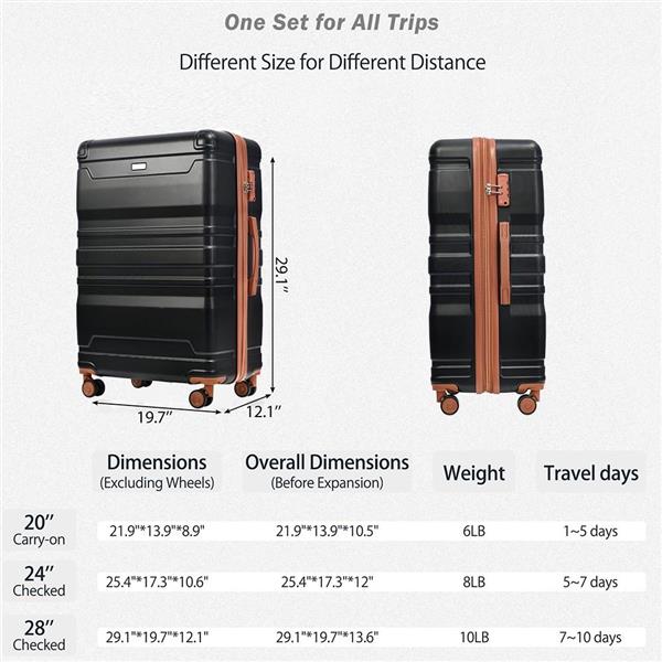 Luggage Sets New Model Expandable ABS Hardshell 3pcs Clearance Luggage Hardside Lightweight Durable Suitcase sets Spinner Wheels Suitcase with TSA Lock 20''24''28''(Black and Brown)