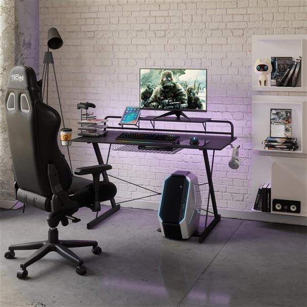 Carbon Computer Gaming Desk with Shelving, Black