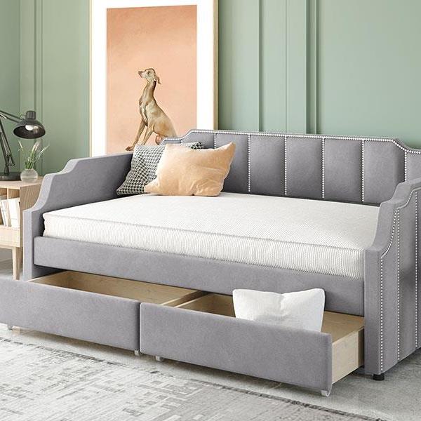 Twin Size Upholstered daybed with Drawers, Wood Slat Support, Gray