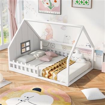 Full Size Wood House Bed with Window and Fence, White