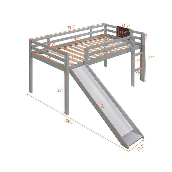 Twin size Loft Bed Wood Bed with Slide, Stair and Chalkboard,Gray