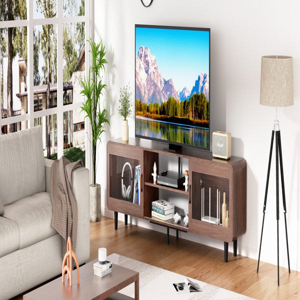 TV Stand for 55/60/65/70", Wood Entertainment Center with Power Outlets, Media Console with Sliding Doors and Open Shelf for Living Room, Walnut[Unable to ship on weekends, please note that]