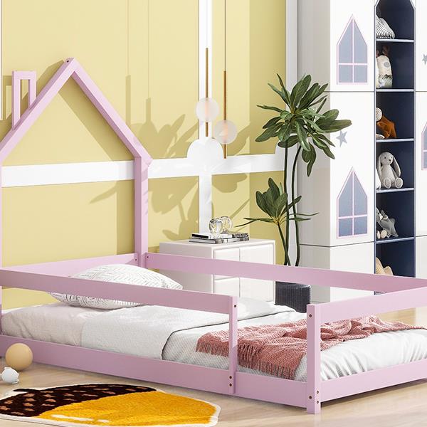 Twin Size Wood bed with House-shaped Headboard Floor bed with Fences,Pink