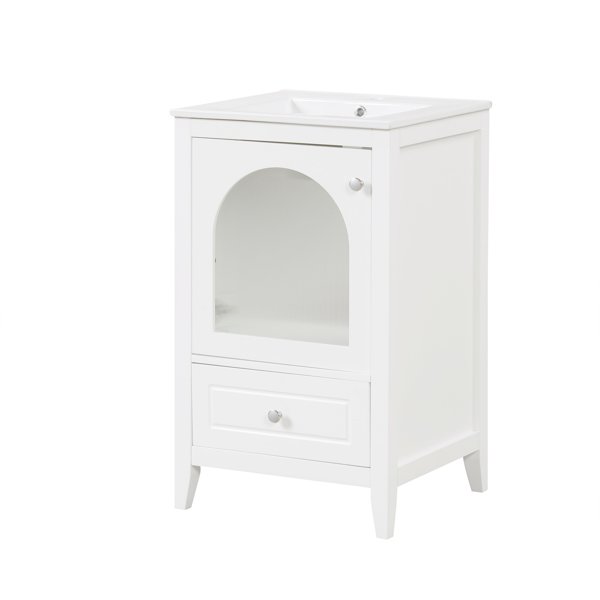 20" Bathroom Vanity with Sink, Bathroom Cabinet with Soft Closing Glass Door, A Drawer, White 