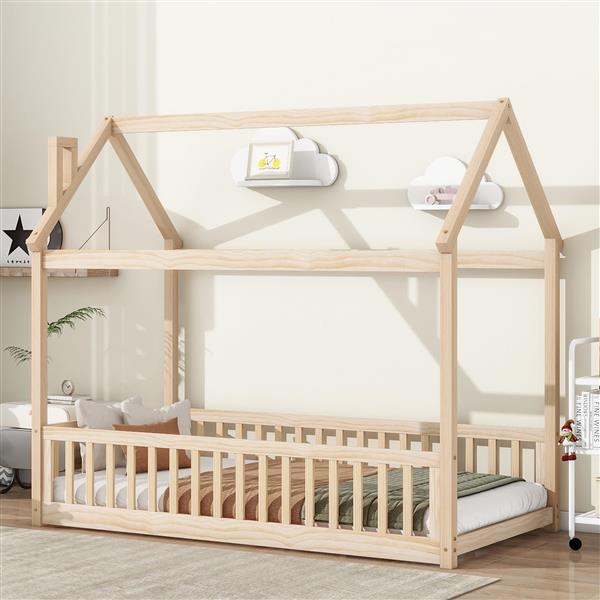 Twin House Bed with Guardrails, Slats ,Natural