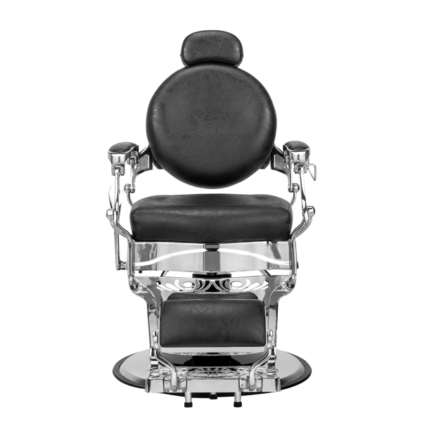 PVC leather, silver plated aluminum alloy frame, extra large pump disc with towel rack, square seat cushion without buttons, reclining hair salon chair 150kg silver