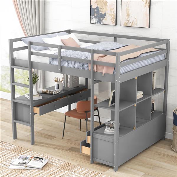 Full Size Loft Bed with Built-in Desk with Two Drawers, and Storage Shelves and Drawers,Gray