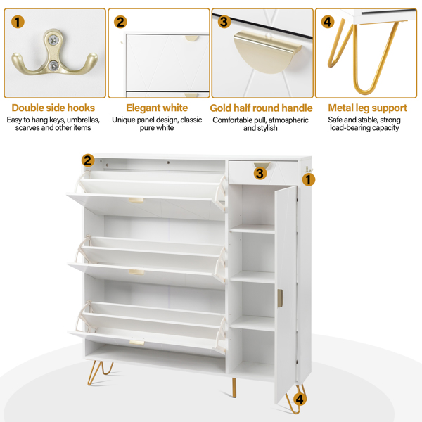 FCH V-shaped carved door panel 3 drawers on the left 1 drawer on the right 1 door shoe cabinet particle board 120*24*125cm white cabinet + gold accessories