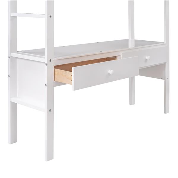 Full Size Loft Bed with Built-in Desk with Two Drawers, and Storage Shelves and Drawers,White