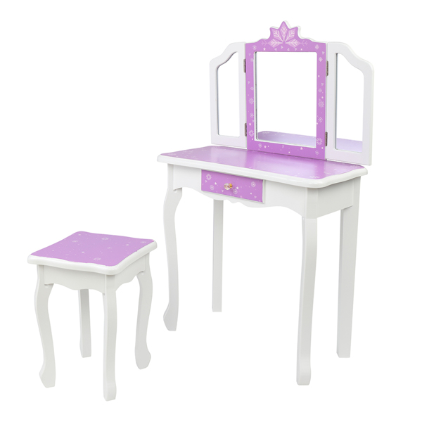 Children's Wooden Dressing Table Three-Sided Folding Mirror Dressing Table  Chair Single Drawer Purple   Snowflake Style