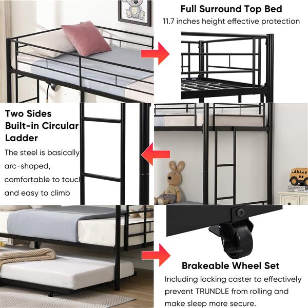 Over Twin Bunk Bed Frame with Trundle,Metal Bunkbed with Sturdy Guard Rail and 2 sideLadders for Kids/Adults,Can be Divided Into Two Beds, No Box Spring Needed, Noise Free for Dorm,Black