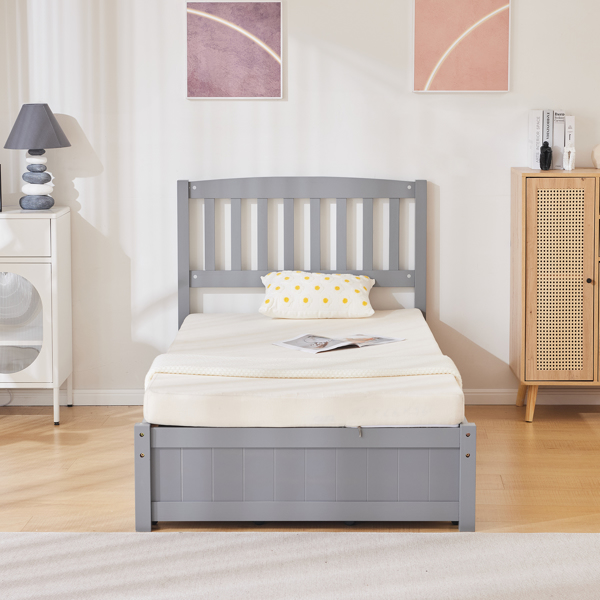 Four Large Drawers Pinewood Bed with a Curved Vertical Headboard Featuring Twin Gray