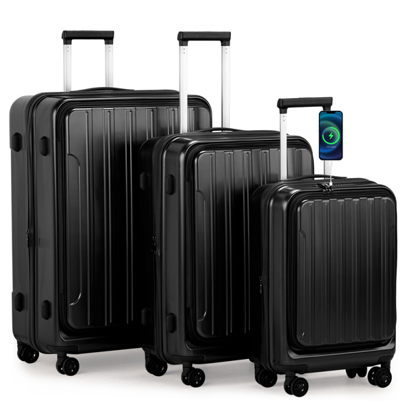 Luggage Sets 3 Piece, ABS+PC Front Open Hardshell Lightweight Luggages, Expandable Carry On Suitcase Set with TSA Lock & Double Wheels (20/24/28, Black)