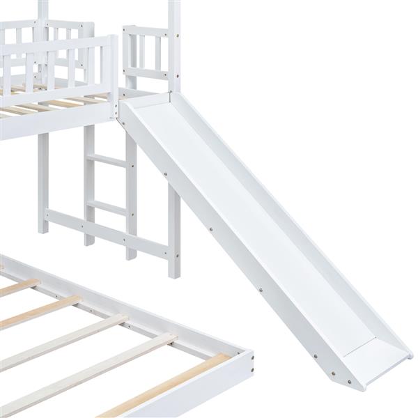 Twin over Full House Bunk Bed with Slide and Built-in Ladder, Full-Length Guardrail, White