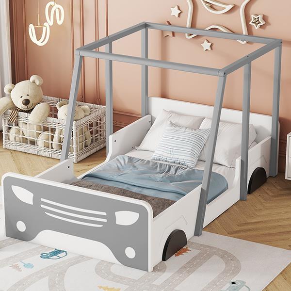 Twin Size Car-shaped Bed with Roof,Wooden Twin Floor Bed with wheels and door Design,Montessori Inspired Bedroom,Grey