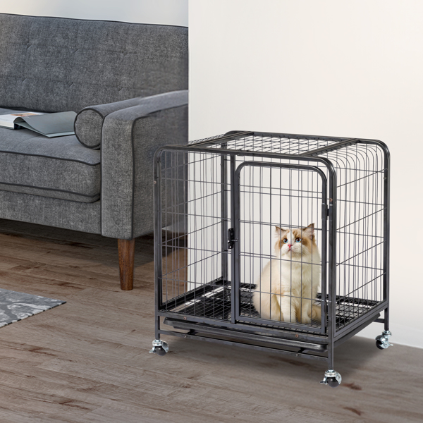 26 Inch Durable Cat Cage, Thickened Metal Wire Cat Enclosure Indoor with Double Doors, Lockable Wheels and Slide-out Trays, Black