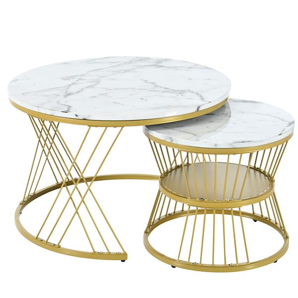 [VIDEO provided] Φ27.5'' & Φ17.7'' Nesting Coffee Table with Marble Grain Table Top, Golden Iron Frame Round Coffee Table, Set of 2, for Living Room, Balcony, White