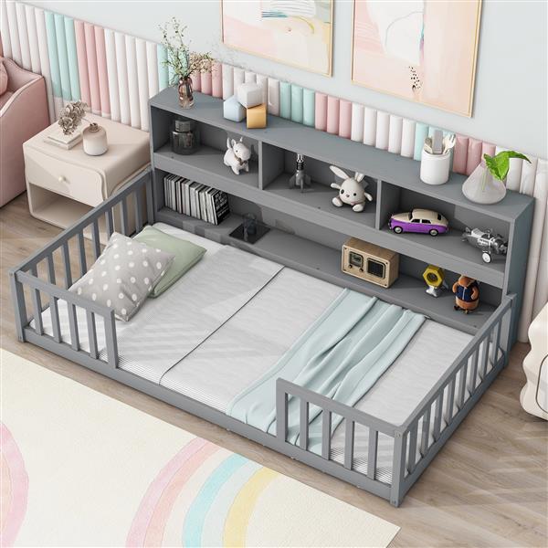 Twin Floor Bed with  Bedside Bookcase,Shelves,Guardrails,Grey