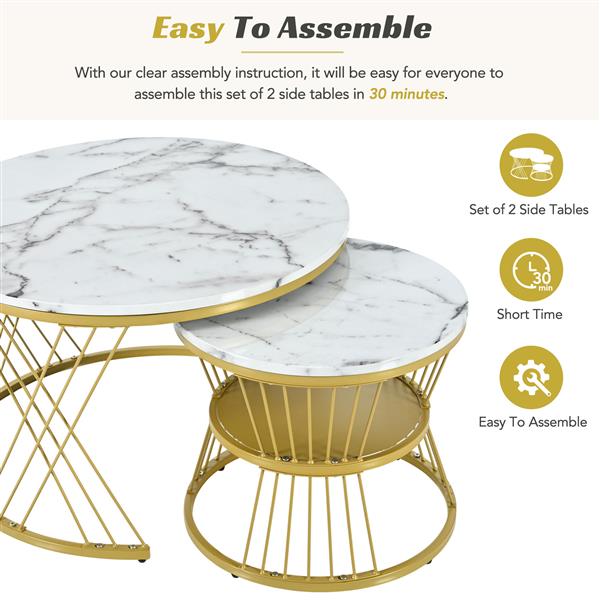 [VIDEO provided] Φ27.5'' & Φ17.7'' Nesting Coffee Table with Marble Grain Table Top, Golden Iron Frame Round Coffee Table, Set of 2, for Living Room, Balcony, White