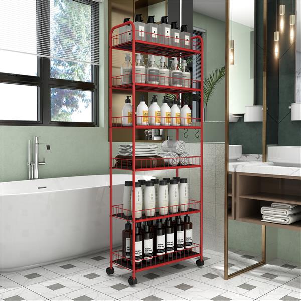 Red 6 Tier Slim Rolling Storage Cart, Mobile Shelving Unit with Wheels, Metal Wire Storage Shelving Rack with Baskets for Kitchen Bathroom Office Laundry Narrow Piaces