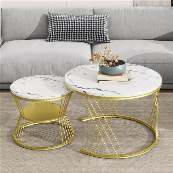 [VIDEO provided] Φ27.5'' & Φ17.7'' Nesting Coffee Table with Marble Grain Table Top, Golden Iron Frame Round Coffee Table, Set of 2, for Living Room, Balcony, White