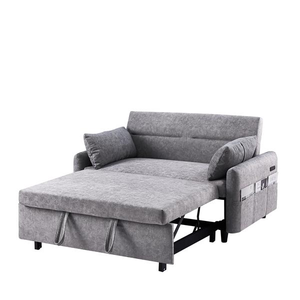 55.1" Pull Out Sleep Sofa Bed Loveseats Sofa Couch with Adjsutable Backrest, Storage Pockets, 2 Soft Pillows, USB Ports for Living Room, Bedroom, Apartment, Office,Grey