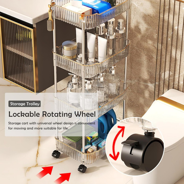 A transparent rolling multifunctional vehicle with wheels and handles, equipped with a 4-layer storage rack, assembled with wheeled mobile shelf units, suitable for narrow areas in kitchens, bathrooms