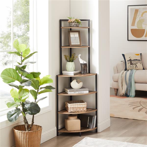 6-Tier Corner Open Shelf Modern Bookcase Wood Rack  Shelving Unit,Plant Album Trinket Sturdy Stand Small Bookshelf Space-Saving for Living Room Home Office Kitchen Small Space Rustic Brown