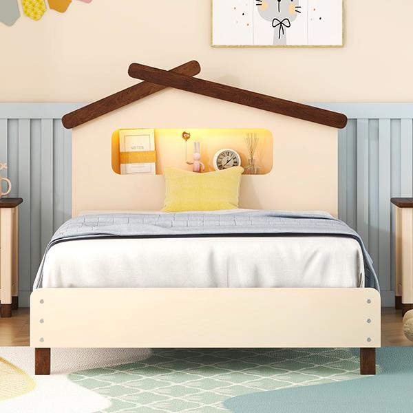 Twin Size Wood Platform Bed with House-shaped Headboard and Motion Activated Night Lights (Cream+Walnut)