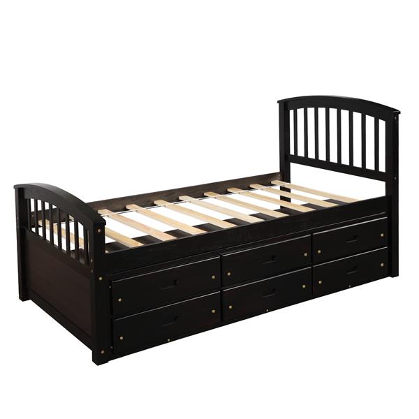 . Twin Size Platform Storage Bed Solid Wood Bed with 6 Drawers