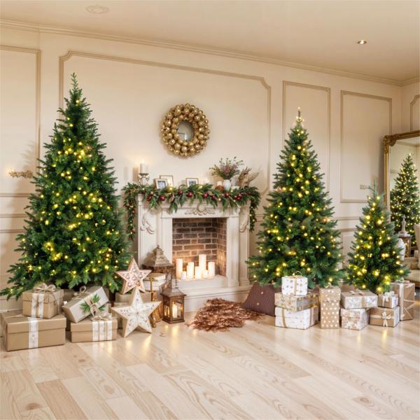 8FT, 6FT, 4FT Pre-Lit Green Pine Artificial Christmas Tree, Set of 3 Hinged Xmas Trees with 820 Warm-Yellow LED Lights and 2539 Branch Tips, Holiday Decoration for Home,Office and Party 