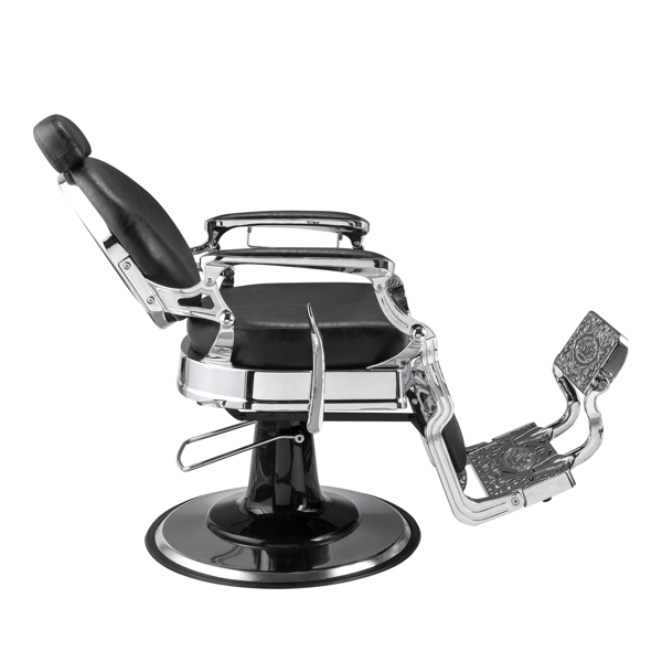 PVC leather, silver plated aluminum alloy frame, extra large pump disc with towel rack, square seat cushion without buttons, reclining hair salon chair 150kg silver